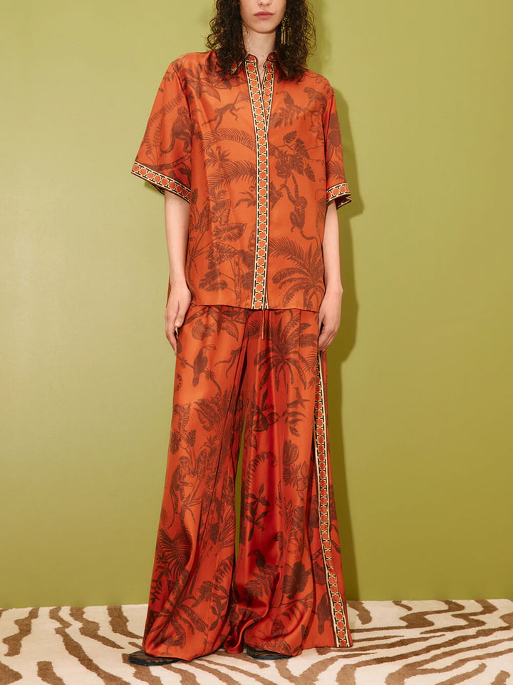 Unique Animal Print Satin Elastic Waist Side Seam Pocket Wide-Leg Pants