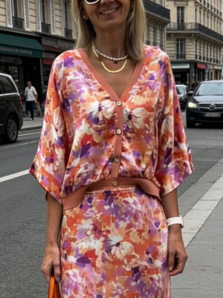 Exquisite Floral Print Satin High-Waisted Midi Skirt