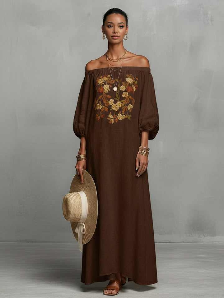 Bohemian Floral Embroidered Off-Shoulder Maxi Dress