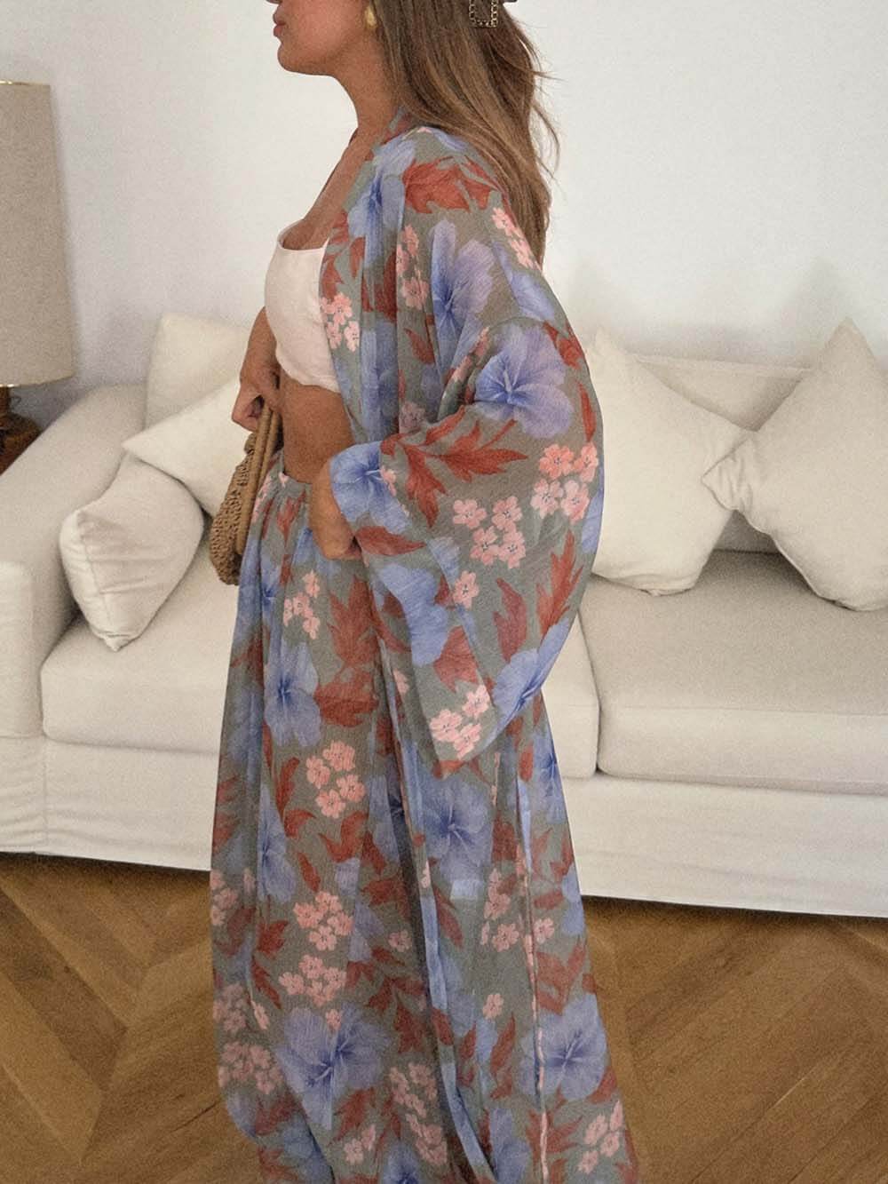 Unique Blue Floral Print Elastic Waist Lantern Pants