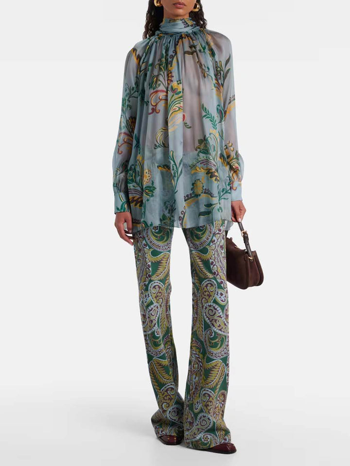 Delicate Floral Pleated Chiffon Blouse High-Waist Straight-Leg Pants Set