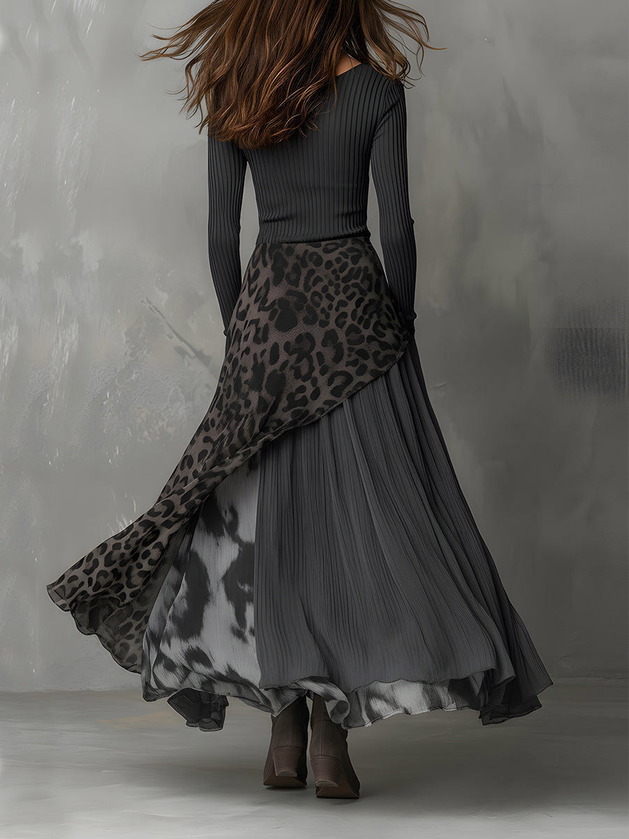 Casual Leopard Print Patchwork Irregular Hem Maxi Dress