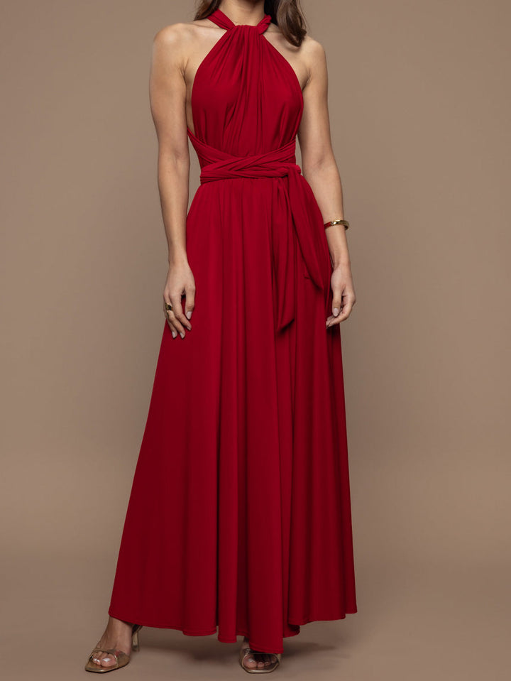 Elegant Halter Neck Draped Tie-Waist Maxi Dress