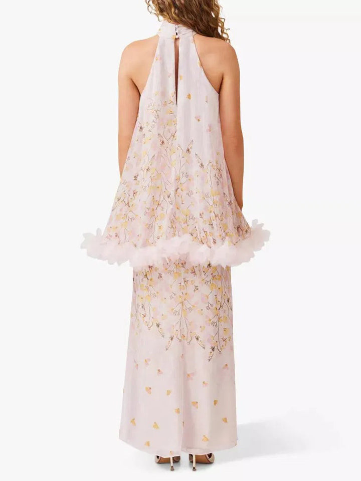 Elegant Floral Print Halterneck Cape Chiffon Top