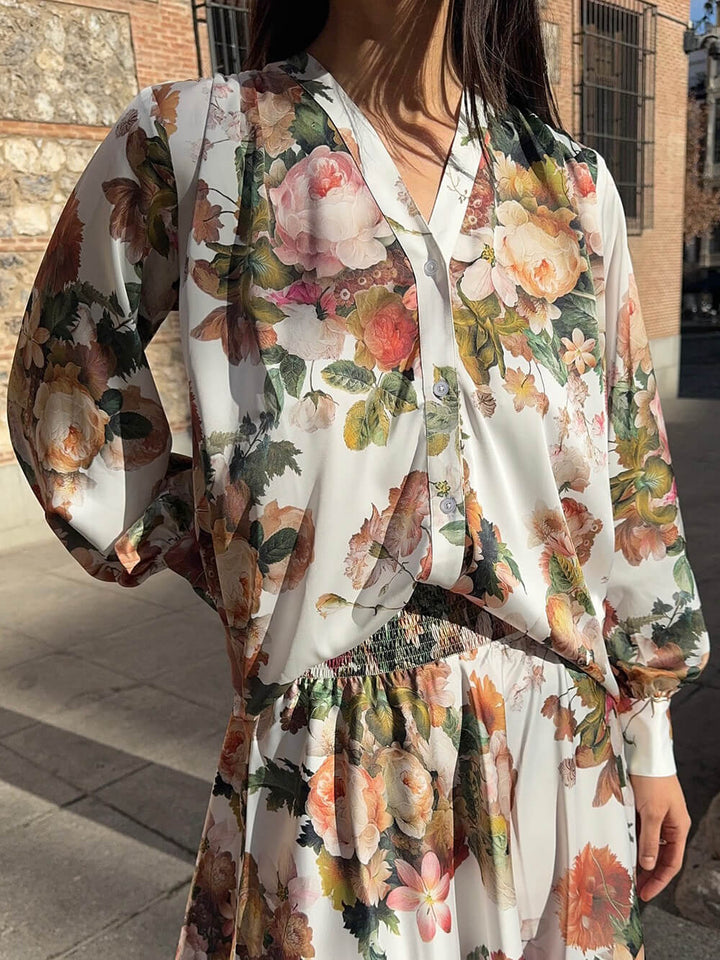 Elegant Floral Print Loose Elastic Waistband Skirt