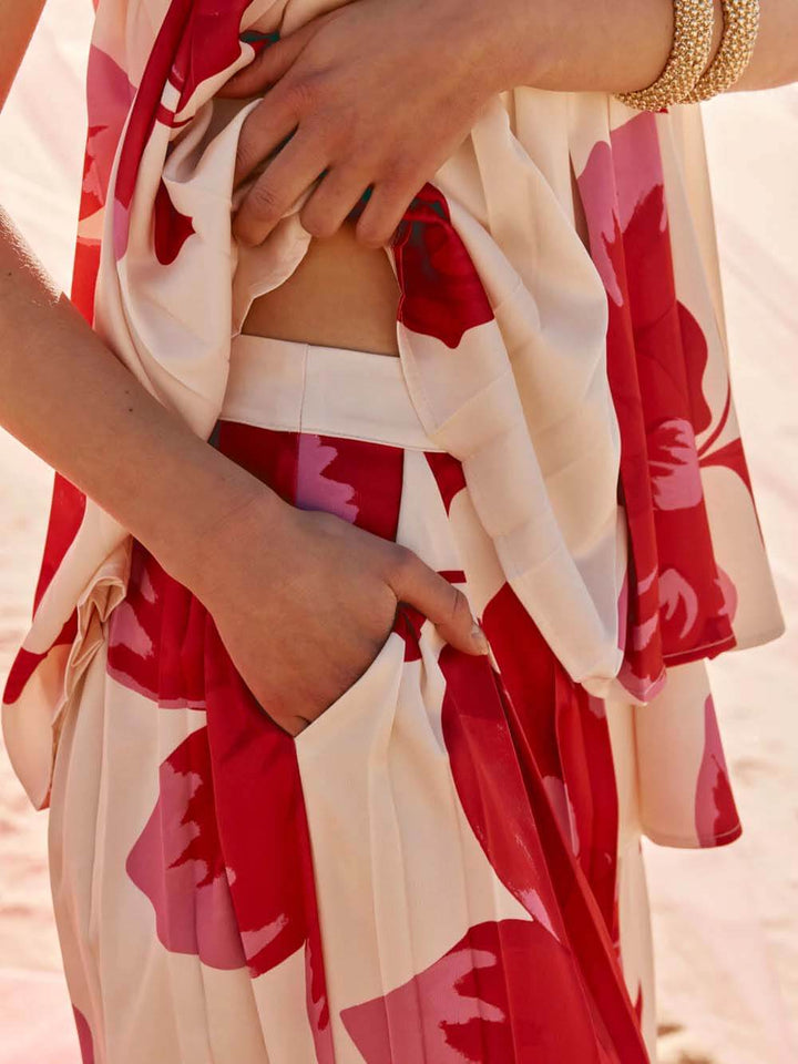 Elegant Printed Satin Ruched Pocket Wide-Leg Pants