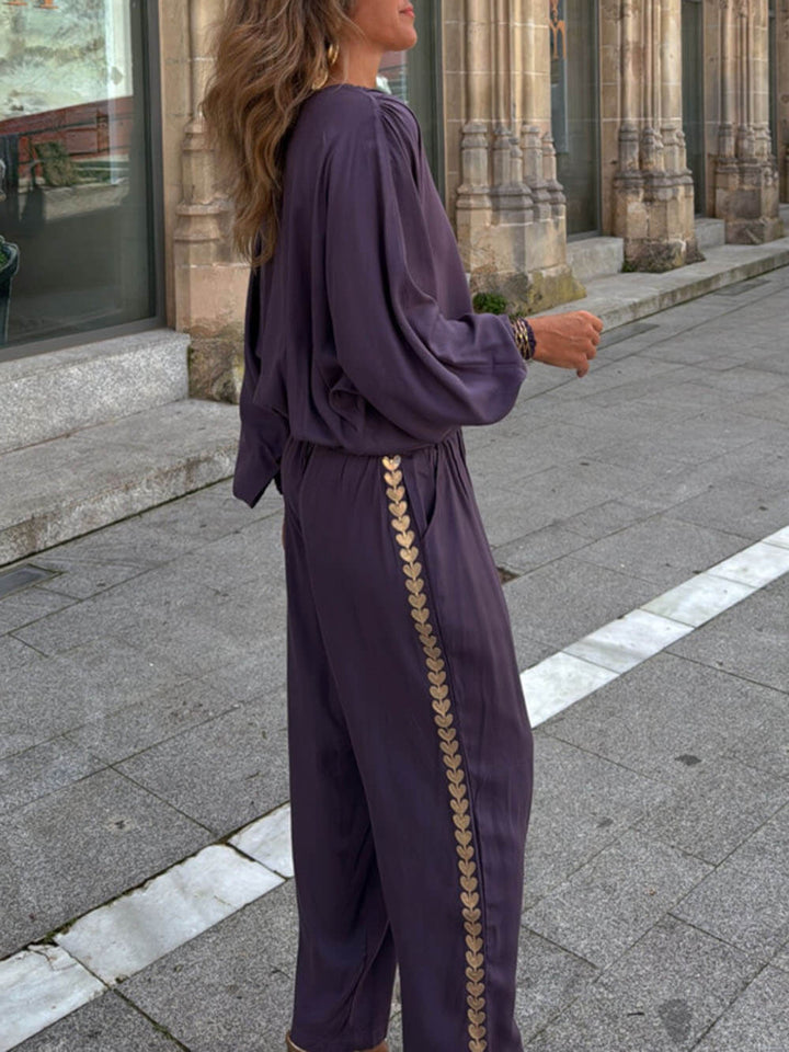 Modern Feel Unique Gold Trim And Elastic Cuffs V-Neck Top
