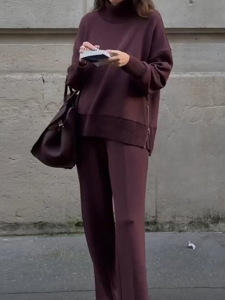 Classic Double Soft Turtleneck Side Zipper Sweatshirt and Elastic Waist Pocketed Loose Pants Set