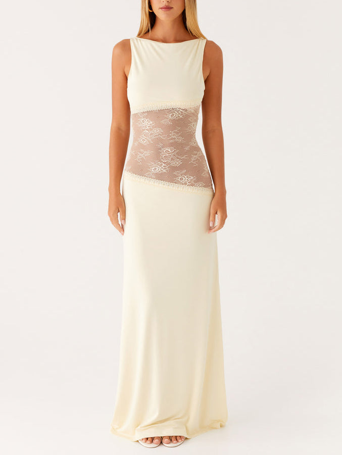 Elegant Sleeveless Boat Neck Black Lace Maxi Dress