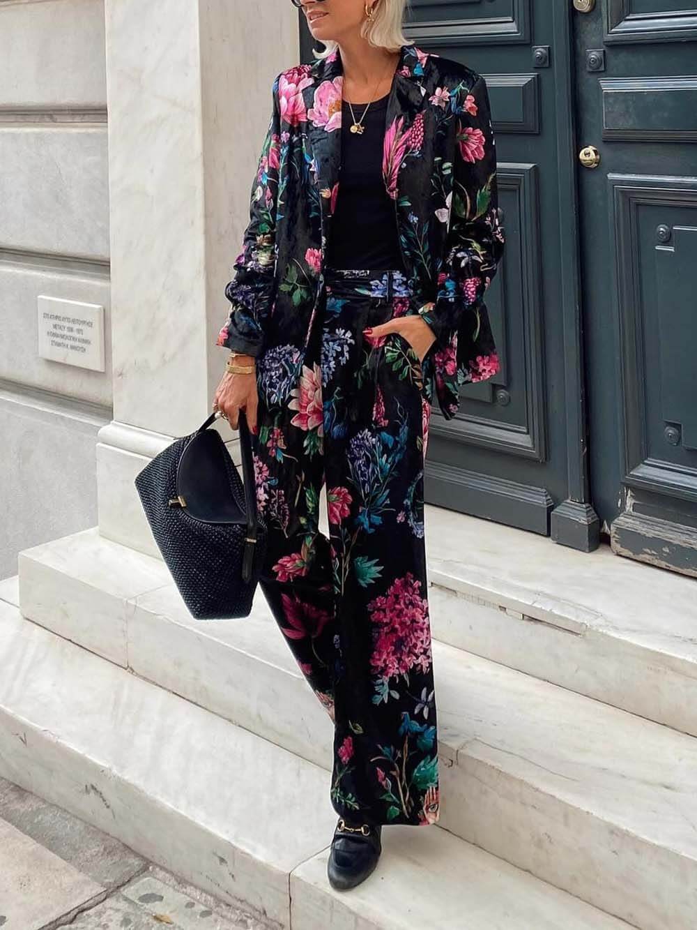 Retro Floral Print Elastic Waist Pocket Wide-Leg Pants
