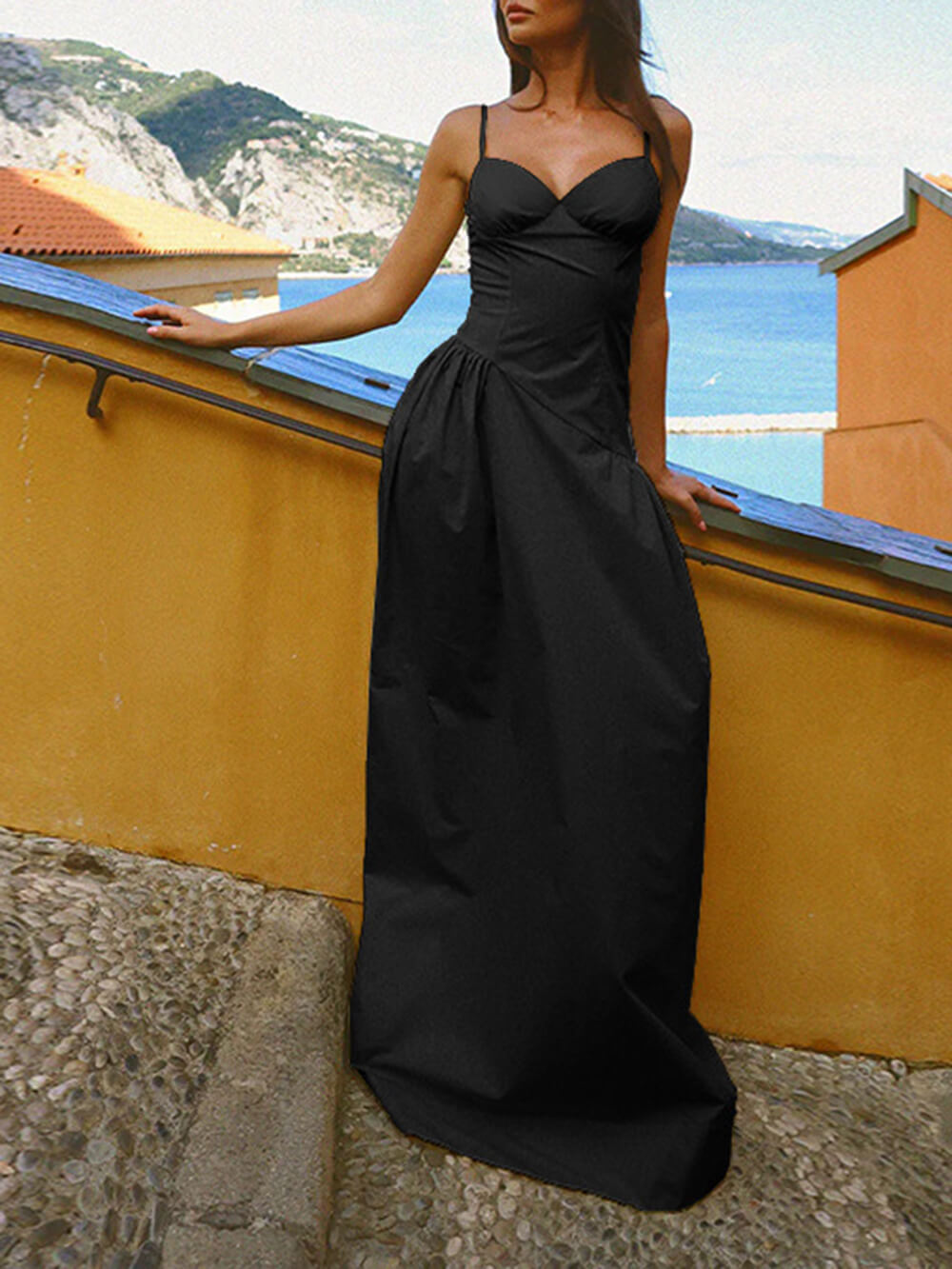 Summer A-Line Fitted Vacation Spaghetti Strap Maxi Dress