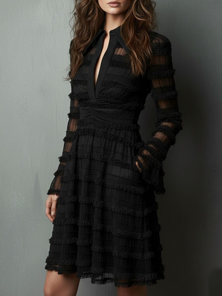 Elegant Tassel Textured Tulle Layered Mini Dress