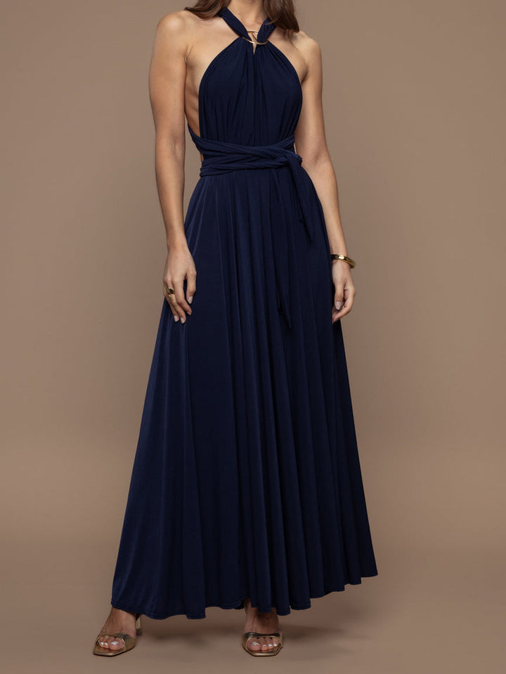 Elegant Halter Neck Draped Tie-Waist Maxi Dress