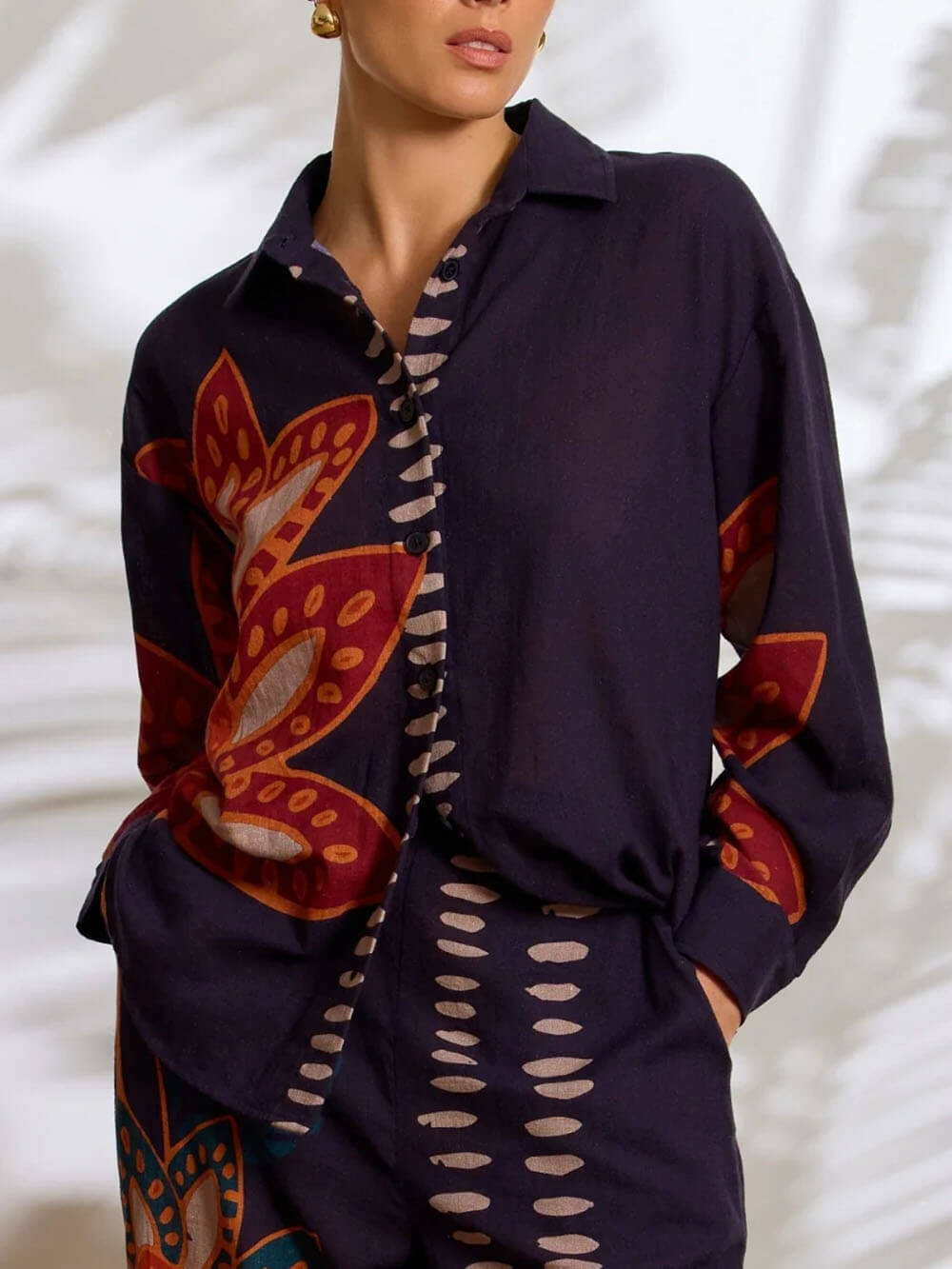 Exquisite Floral Print Linen Button-Up Top And Loose Pocket Pants Set