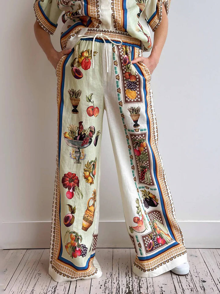 Unique Tropical Luxe Satin Fruit Print Loose Button-Up Shirt