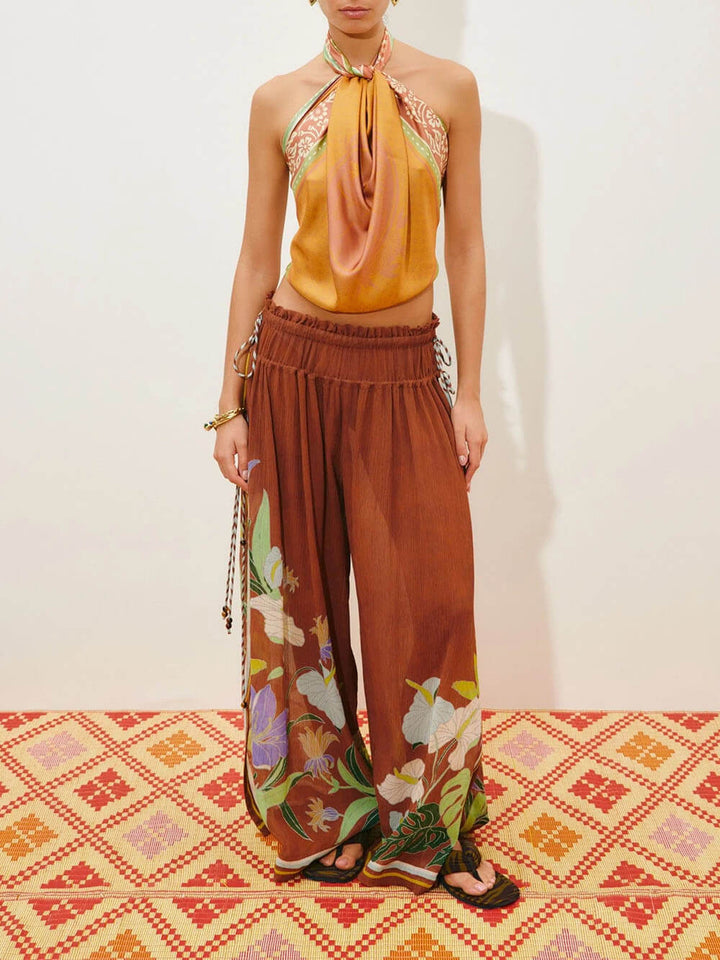 Exquisite Ruffled Adjustable Strap Camisole with Drawstring Slit Wide-Leg Pants Set