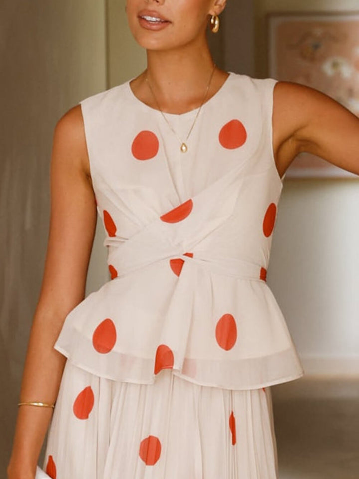 Delicate Red Polka Dot Print Ruffled Cross-Over Top