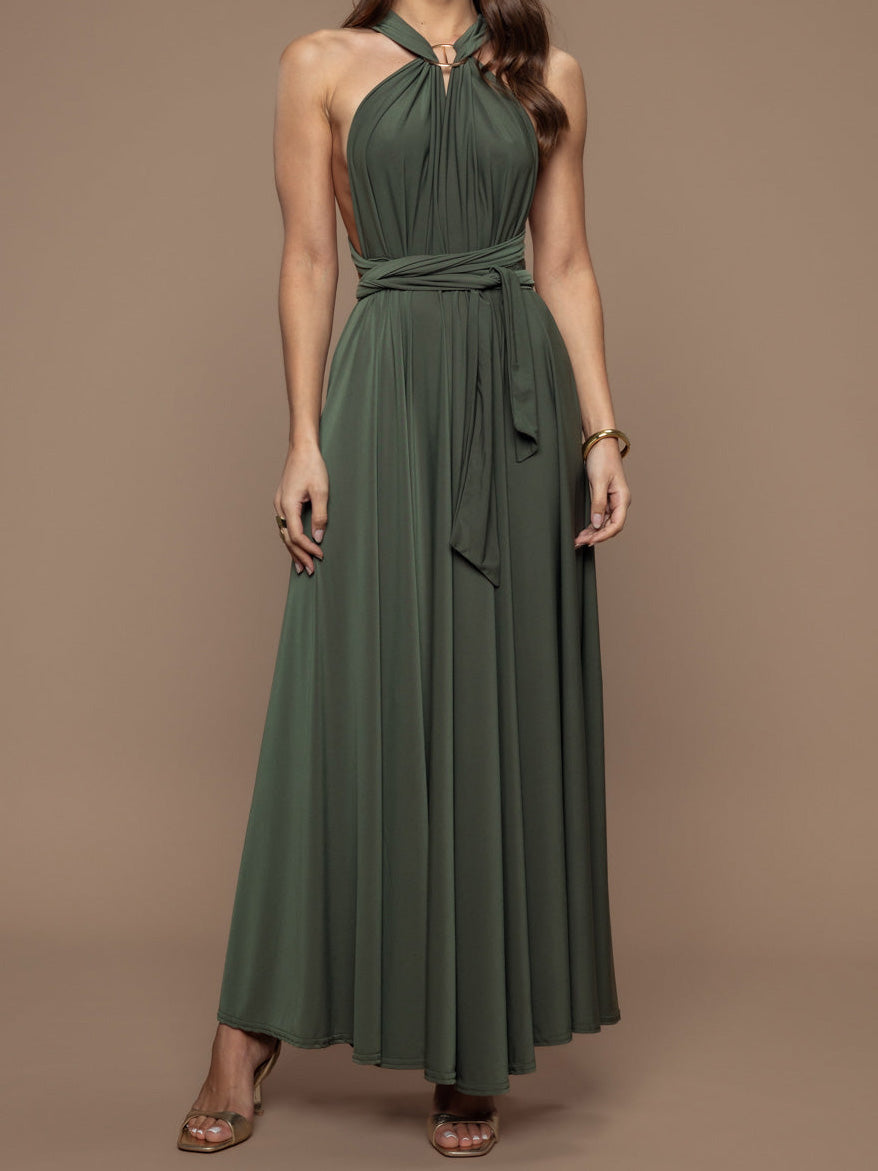 Elegant Halter Neck Draped Tie-Waist Maxi Dress
