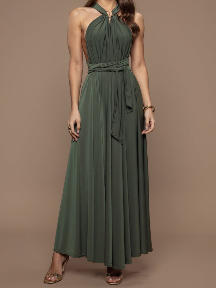 Elegant Halter Neck Draped Tie-Waist Maxi Dress