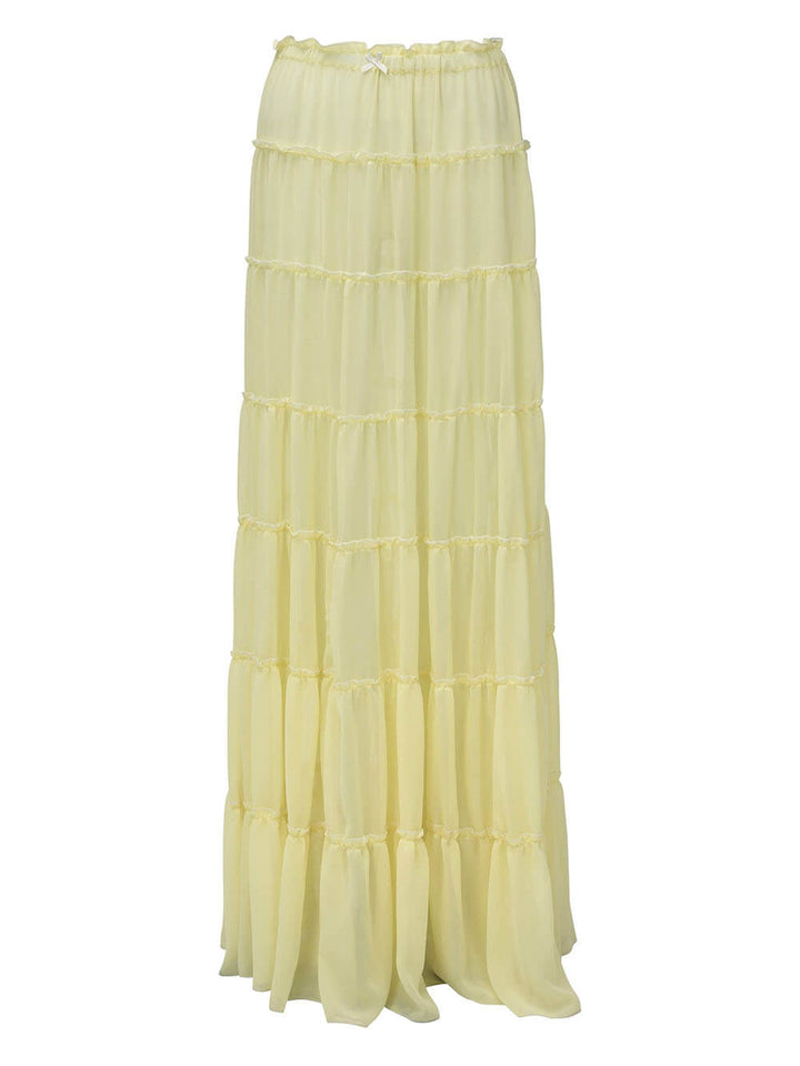 Fashion Off Shoulder Long Bell Sleeve Crop Top and Elastic Waist Layered Cover-up Maxi Skirt Set