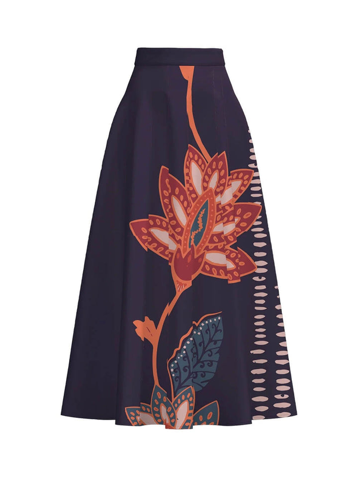 Exquisite Floral Print A-Line Pockets High-Waist Midi Skirt