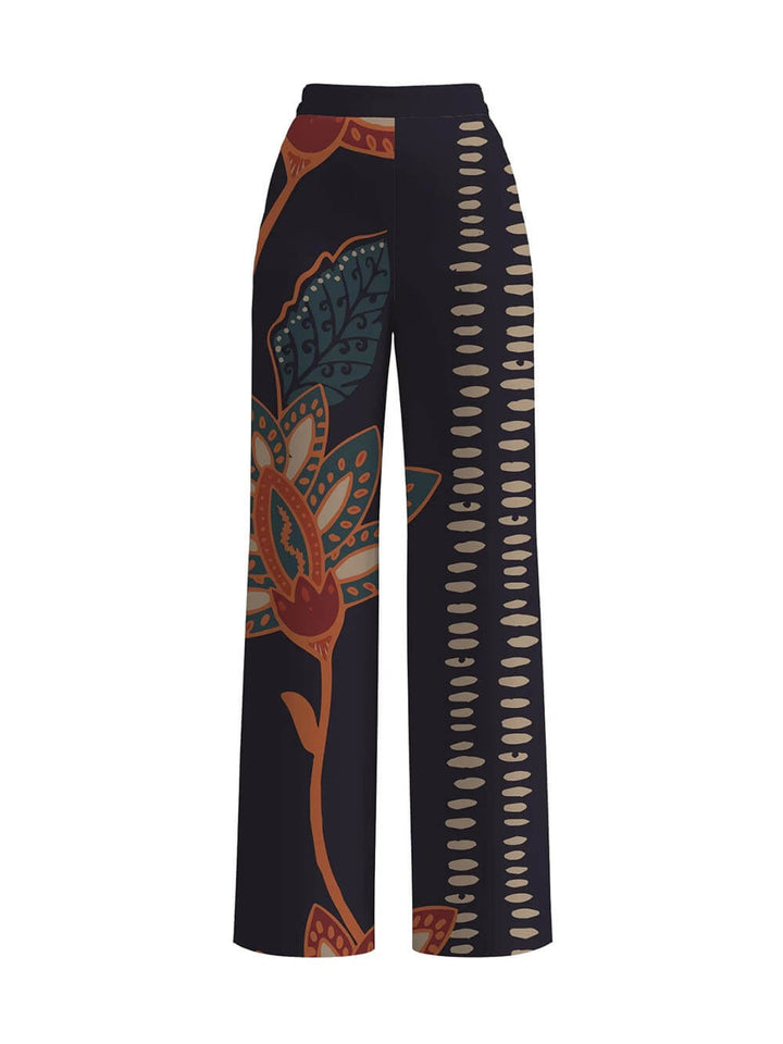 Exquisite Floral Print Linen Elastic Waist Loose Pocket Trousers