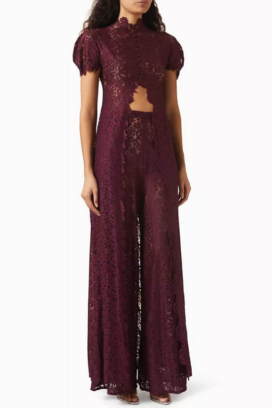Lace Long-sleeved Top And Wide-leg Pants Set