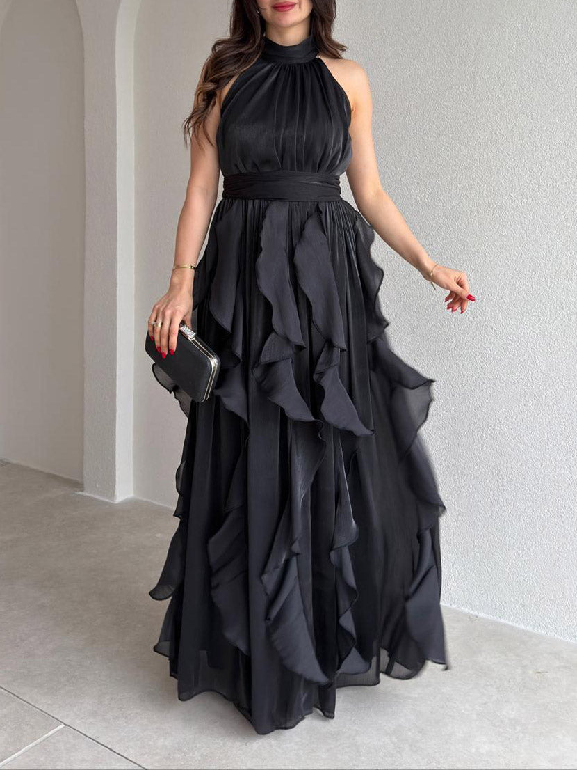 Elegant Backless Ruched Tiered Ruffle Maxi Dress