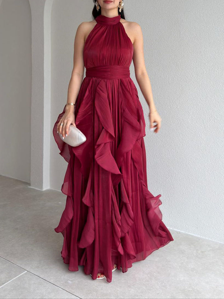Elegant Backless Ruched Tiered Ruffle Maxi Dress