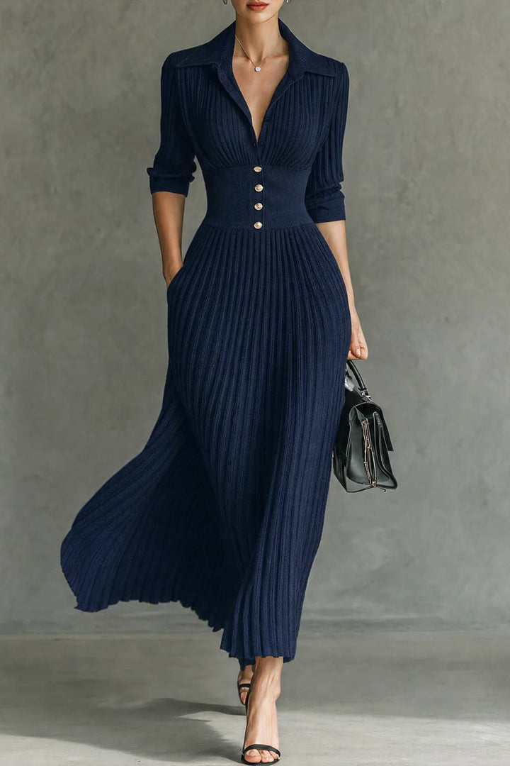 Lapel V-neck Buckle-detail Rib-knit Midi Dress