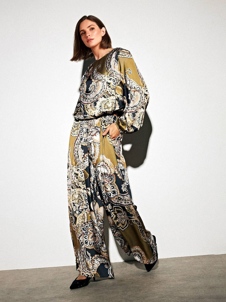 Exquisite Satin Paisley Print Elastic-Waist Wide-Leg Pants