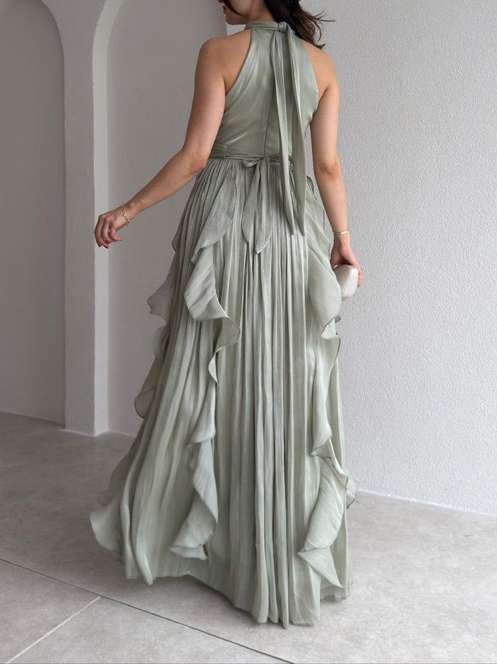 Elegant Backless Ruched Tiered Ruffle Maxi Dress