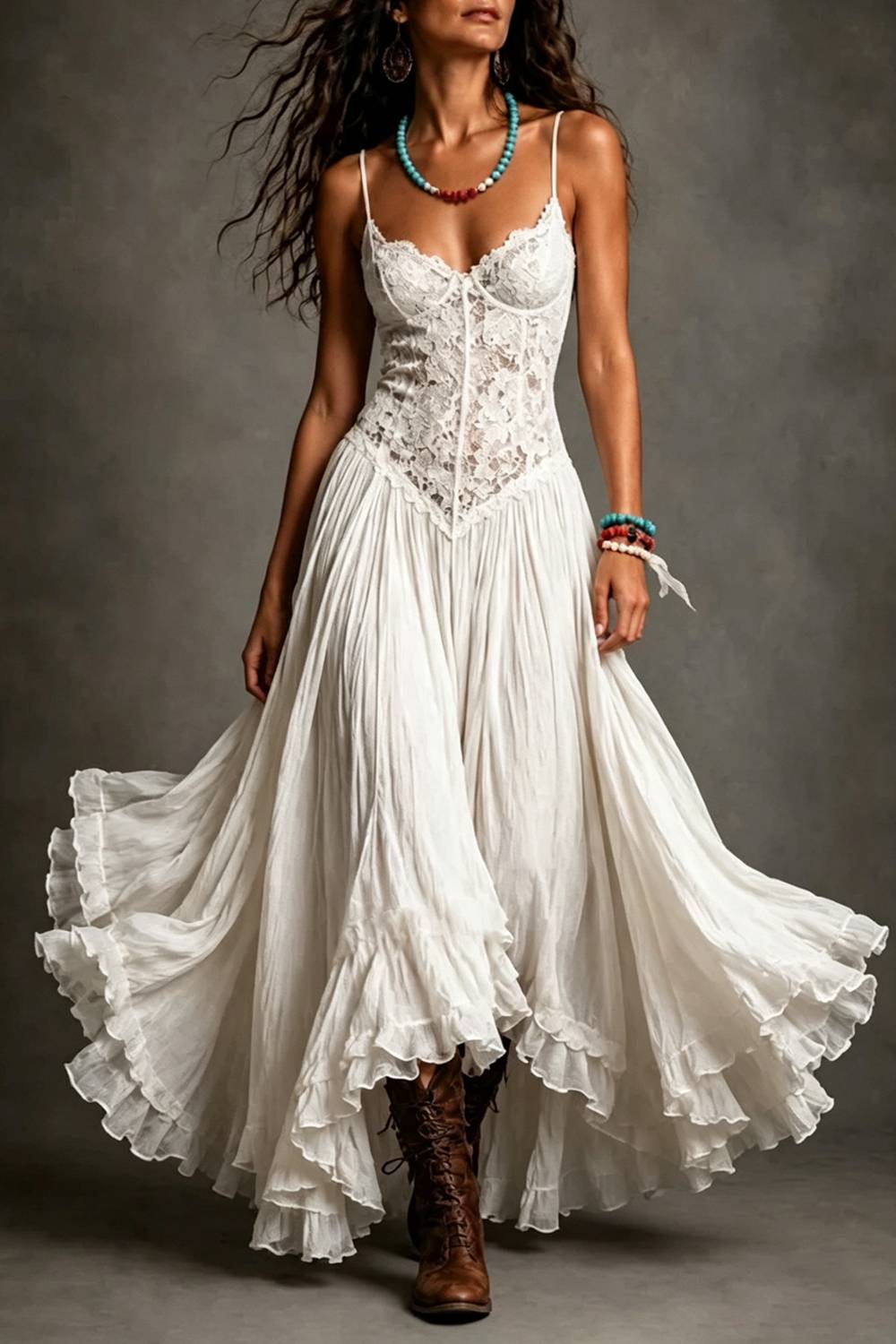 Lace Ruffled Bohemian Long Dress
