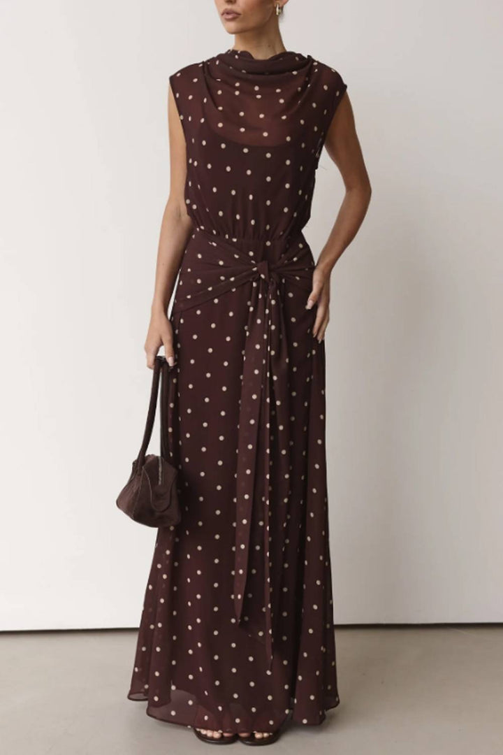 Swing Collar Sleeveless Polar Dot Tight Waist Long Dress