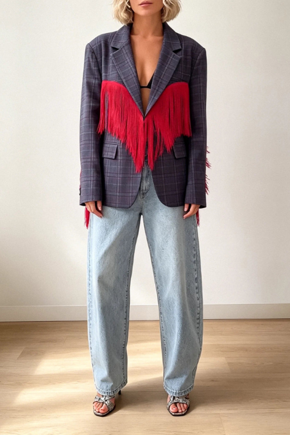 Check Blazer Tassel Angel Wings Trim