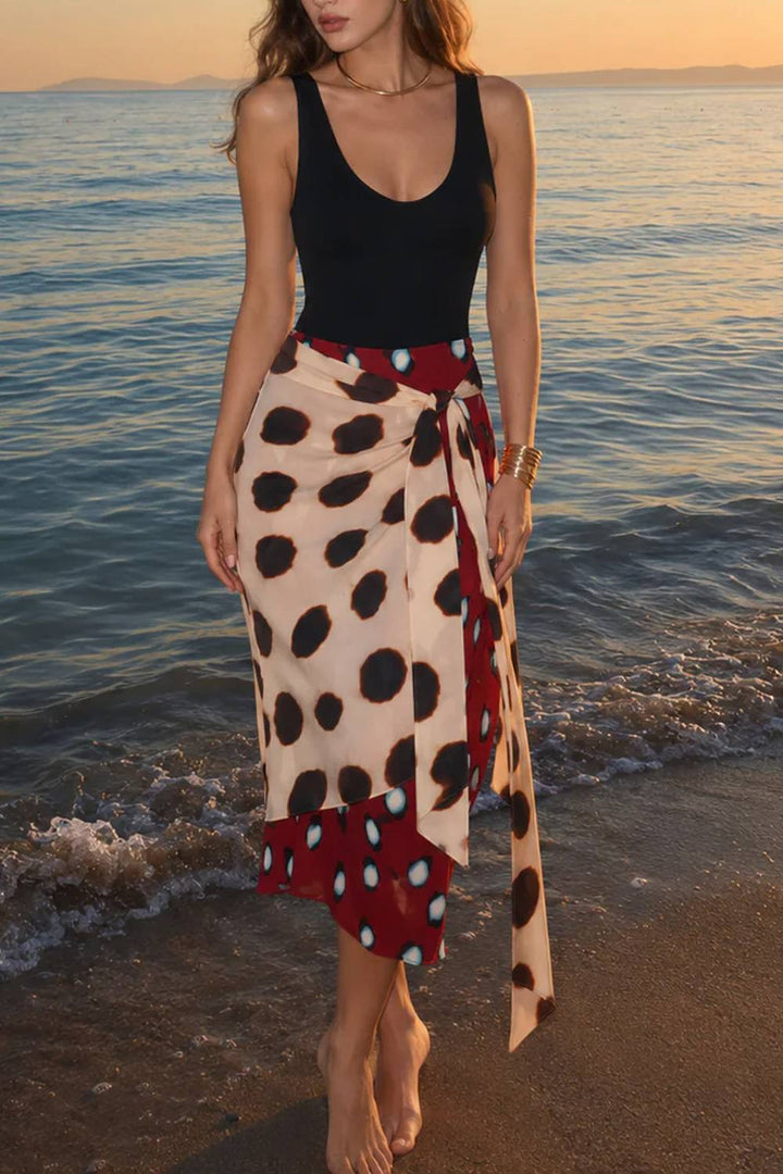 Color‑Block Polka Dot Wrap Tie Waist Midi Skirt