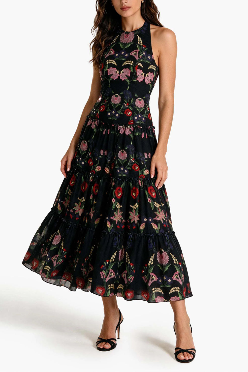 Elegant Open-back Printed Chiffon Flowing Maxi Dress