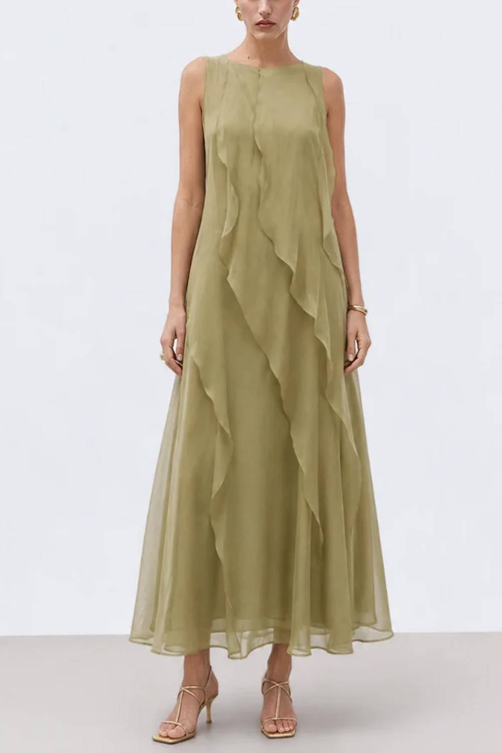 Round Neck Sleeveless Diagonal Ruffle Flowy A‑Line Maxi Dress