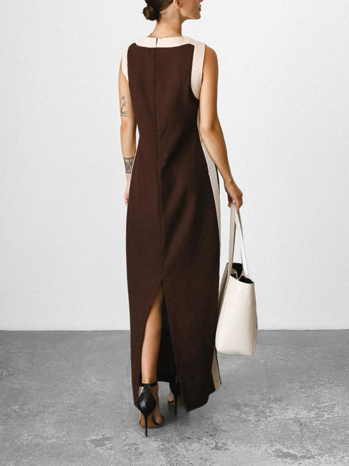 Unique Retro Colorblock Belted Linen Maxi Dress