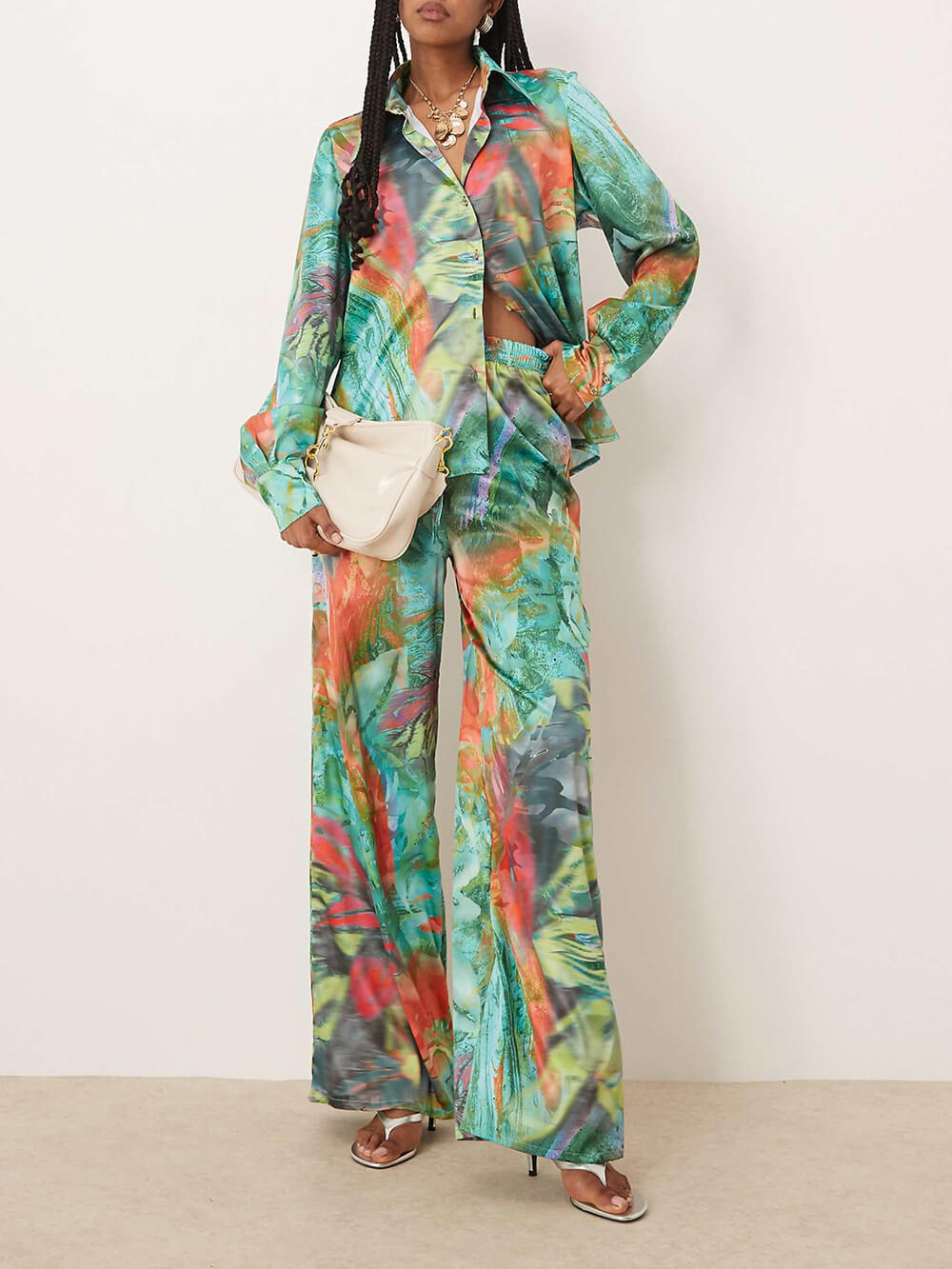 Unique Artistry in Motion Satin Oil Painting Print Button-Up Shirt