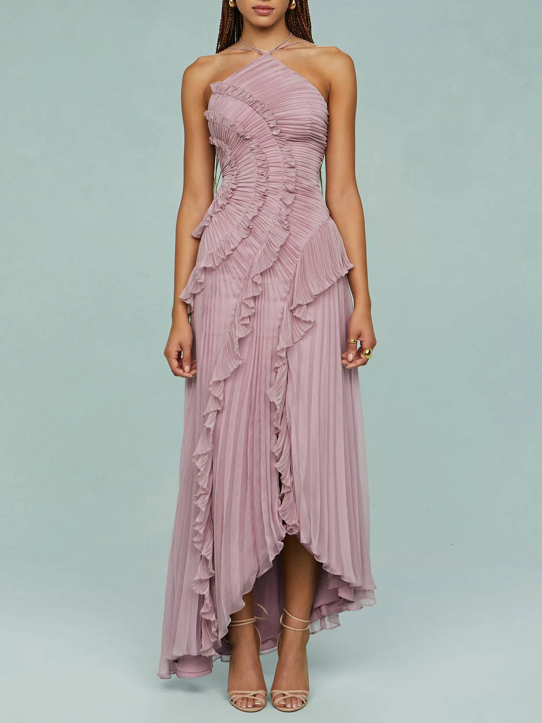Halter Neck Pleated Backless Dress
