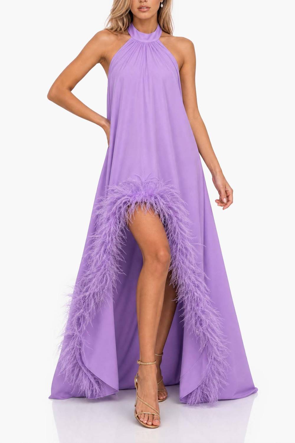 Halter-neck Feather-trimmed High-slit Long Evening Gown