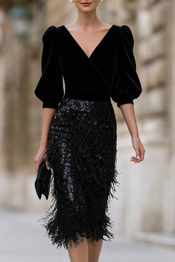 V‑Neck Puff Sleeve Velvet Bodice Sequin Fringe Midi Dress