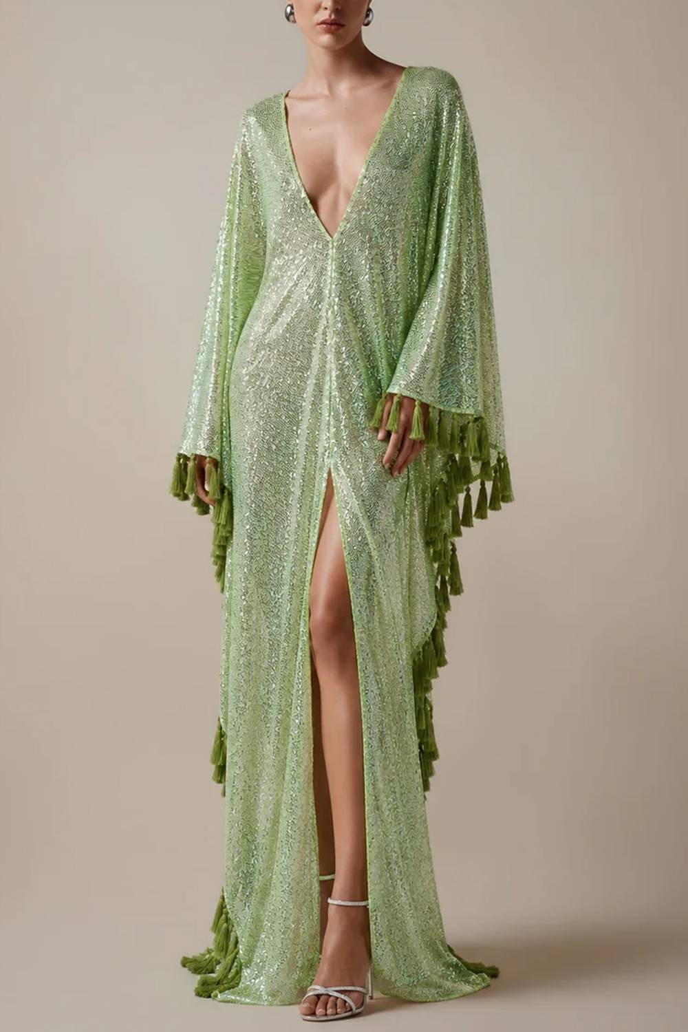 Deep‑V Flare Sleeve Tassel‑Trim Sequin High‑Slit Floor‑Length Evening Gown