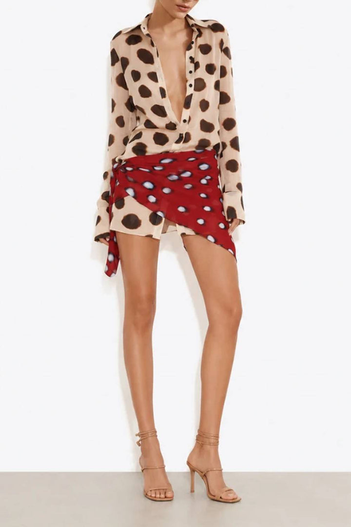Polka Dot Print Collared Long-sleeve Shirt & Color-block Wrap Asymmetric Mini Dress