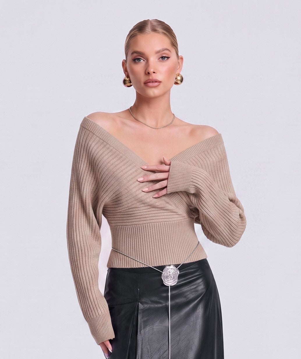 LikeMyChoice Women Off Shoulder Wrap V‑Neck Knit Sweater