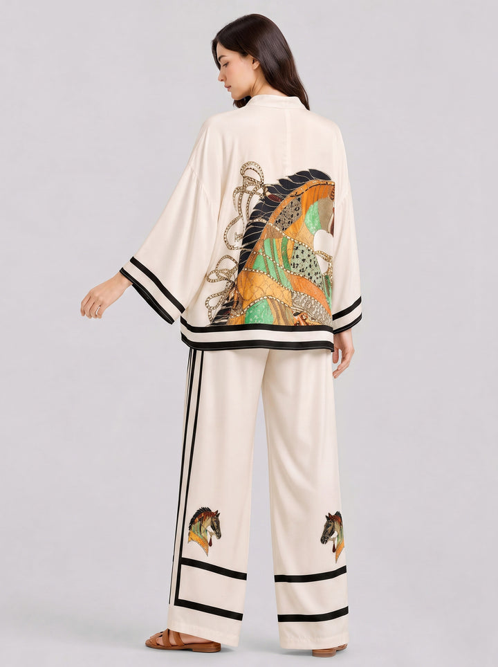 V-Neck Horse Pattern Satin Suit Pants Two-Piece Set