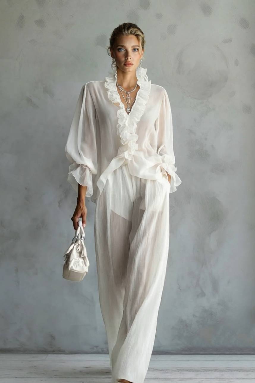Lace Long Sleeve Shirt And Wide Leg Pants Set