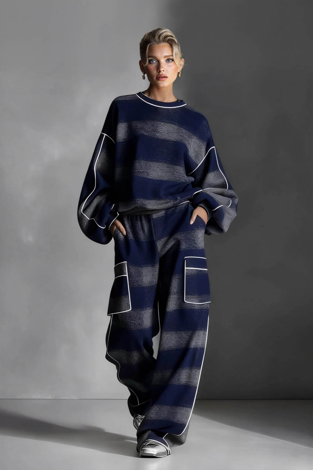 Fashion Street-Style Blue And Gray Plaid Color-Block Wide-Leg Pants