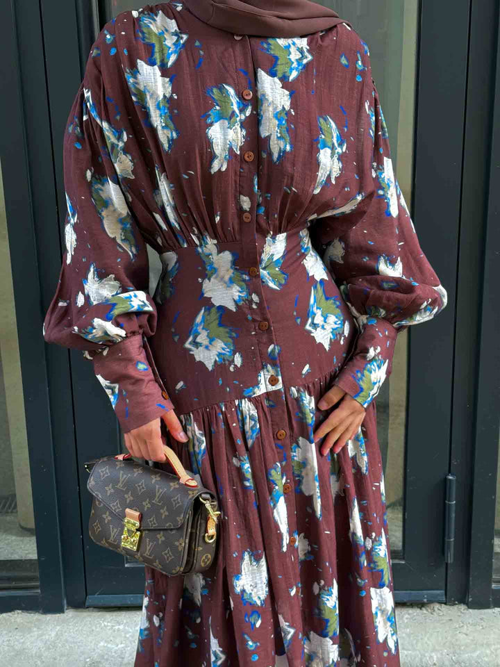 Retro Floral Print Pleated Balloon Sleeve Maxi Dress